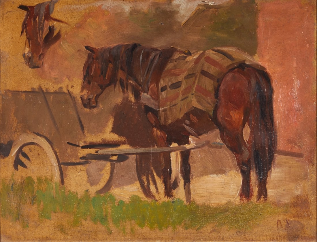 Arthur Siebelist: Arthur Siebelist 1870 Loschwitz near Dresden - 1945 Hittfeld - Horse with Horse Cart - Oil/Cardboard. 35.5 x 46 cm. 42 x 53 cm (dimensions with frame). Monogrammed bottom right: A S. Inscribed on the 