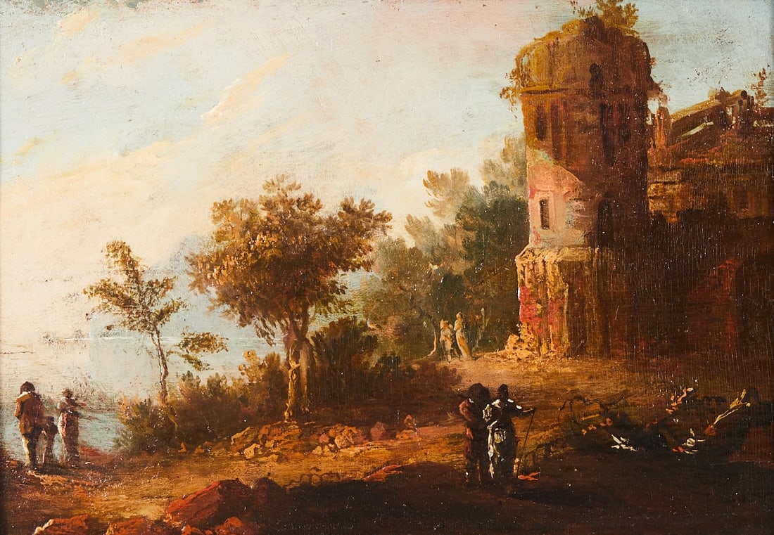 Dirck Stoop Circle: Dirck Stoop 1610 Dordrecht - 1686 Utrecht Circle - Landscape with Ruin and Figures - Oil/Wood. 20.2 x 28.8 cm. 31 x 39 cm (dimensions with frame). Restored.