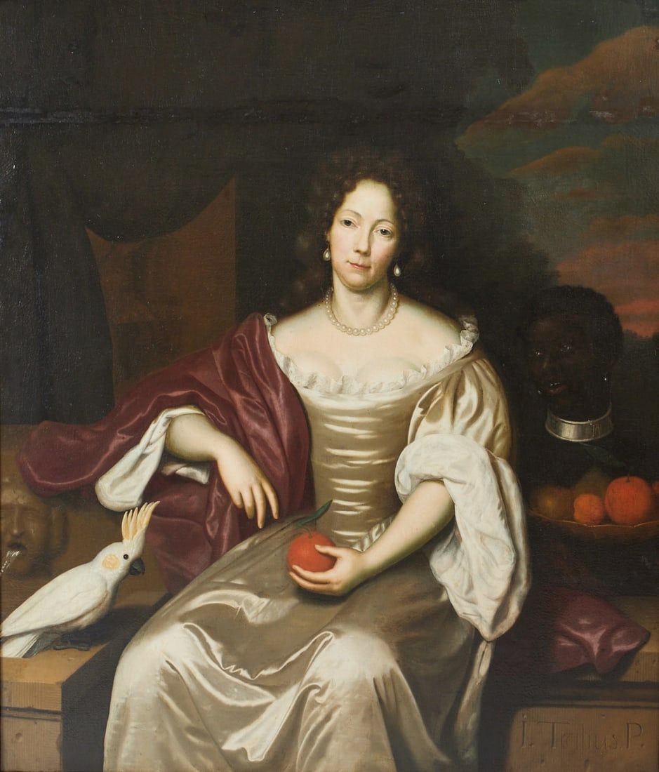 Jan Tilius (Tielius): Jan Tilius (Tielius) circa 1653 The Hague - 1719 The Hague - Young Woman with Orange and Parrot - Oil/Canvas. Doubled. 128 x 109.5 cm. Signed bottom right: I. Tielius P. (i.e., mirrored). Frame.