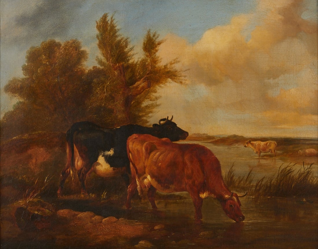 Attributed to Eug?¨ne Verboeckhoven: Eugène Verboeckhoven 1799 Warneton - 1881 Brussels attributed - Cows by the Water - Oil/Canvas, Doubled. 42.5 x 63.5 cm. 56 x 68 cm (Dimensions with frame). Frame. Restored. - Lit.: Th.-B.