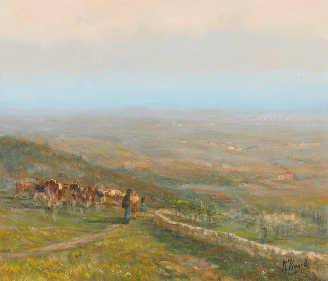 Marcello Vianello: Marcello Vianello 1909 Verona - 1985 Venice - Peasant Family with Cows - Oil/Canvas. 60.2 x 70 cm, 79 x 89 cm (Dimensions with frame). Signed lower right: M. Vianello. Frame.
