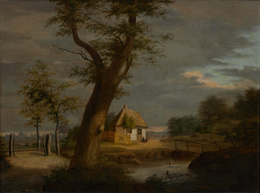 Barend Johannes Cornelis Weing?¤rtner, attr.: Barend Johannes Cornelis Weingärtner 1837 - 1896 Oosterhout attr. - Stream Landscape with Small House - Oil/Wood. 31.5 x 42 cm. Signed and dated lower left: B. Weingärtner / 1876. Frame.