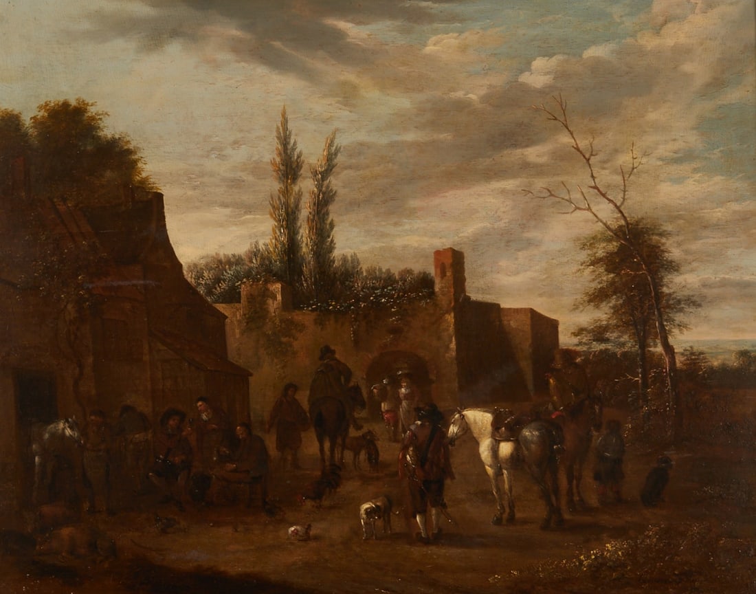 Attributed to Jan Wouwerman: Jan Wouwerman 1629 Haarlem - 1666 Haarlem attributed - Resting Riders in front of an Inn - Oil/Wood. Partially cradled on the reverse. 43 x 54.8 cm. 53 x 64 cm (Dimensions with frame). Signed or