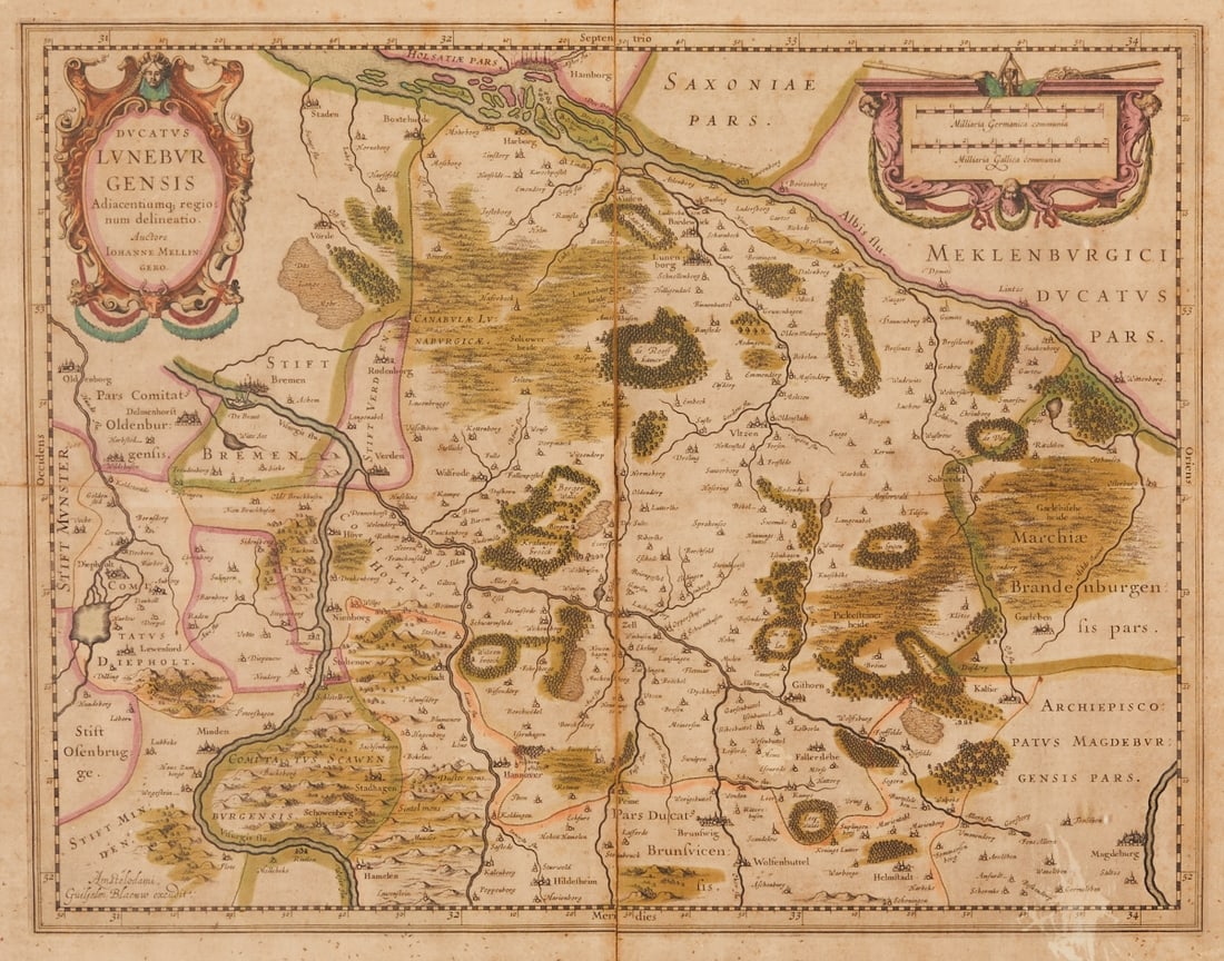 Willem Blaeu: Willem Blaeu 1571 Alkmaar or Uitgeest - 1638 Amsterdam - "Ducatus Luneburgensis" - Hand-colored etching/paper. 38 x 49 cm, 42 x 53 cm (visible dimensions), 45.5 x 56.5 cm (dimensions with