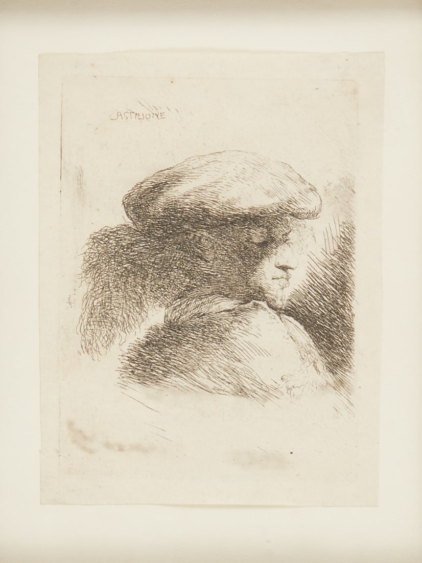 Giovanni Benedetto Castiglione: Giovanni Benedetto Castiglione 1609 Genoa - 1664 Mantua - Young Man with Hat in Profile - Etching/Paper. 12 x 9 cm (sheet size), 31.5 x 28 cm (dimensions with frame). Signed upper left in the plate: C