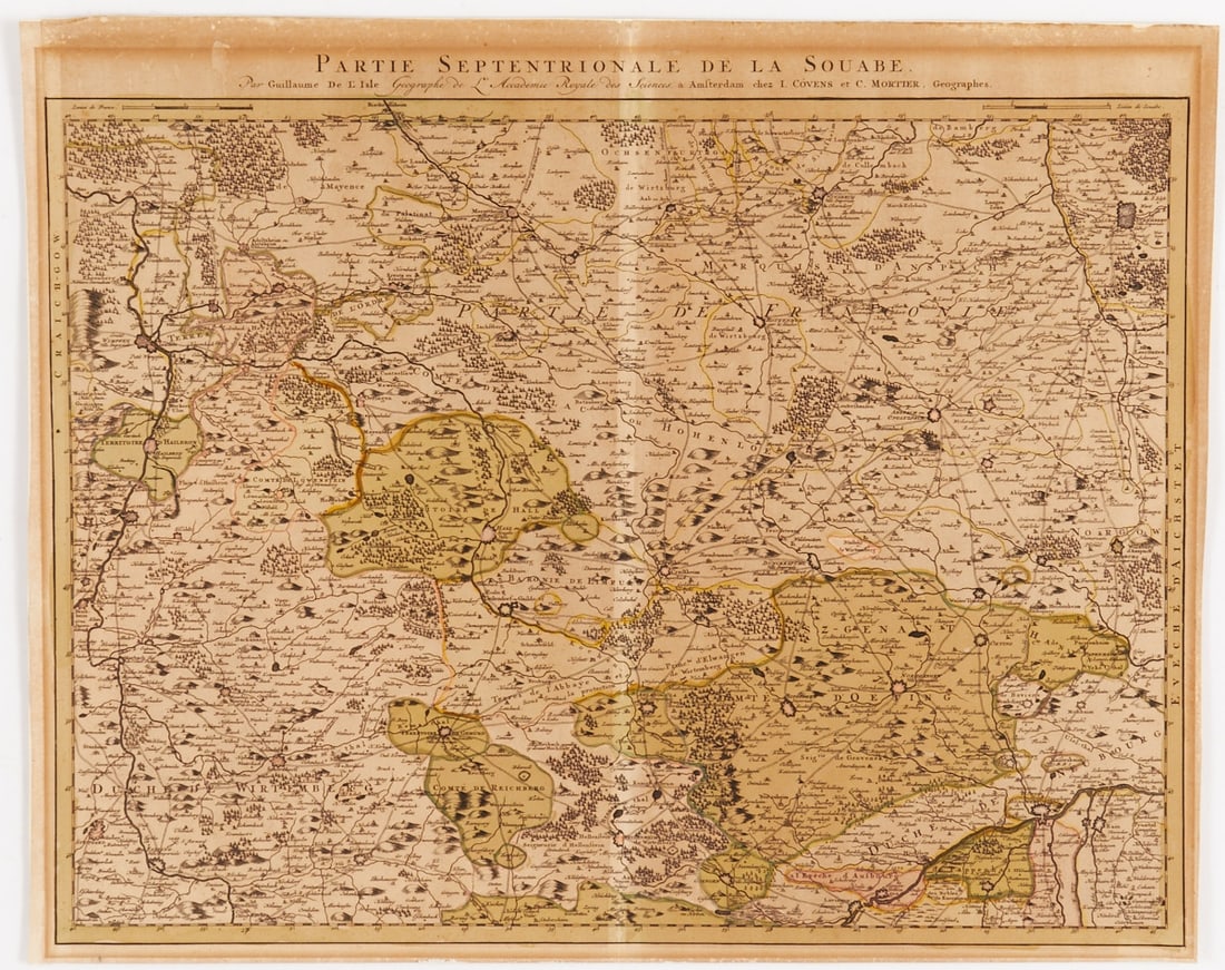 Guillaume Delisle: Guillaume Delisle 1675 Paris - 1726 Paris - Partie Septentrionale de la Souabe (Northern Part of Swabia) - Color. Copper engraving/Paper. 47 x 62.5 cm (plate size), 52.2 x 64.8 cm (sheet size).