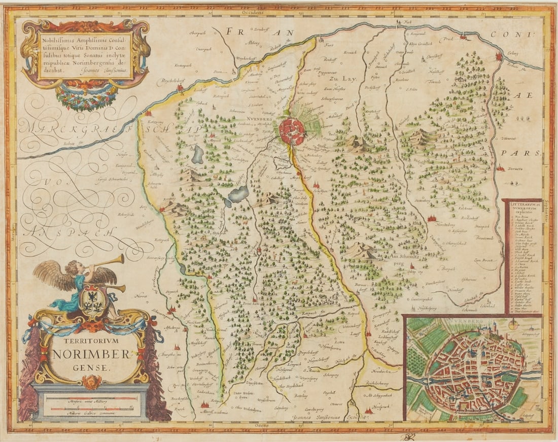 Johannes Janssonius: Johannes Janssonius c. 1588 Arnhem - 1664 Amsterdam - "Territorium Norimbergense" (Nuremberg) - Colored copper engraving/paper. 36.5 x 47 cm (plate size). Passe-partout. Framed under glass. Browned. J