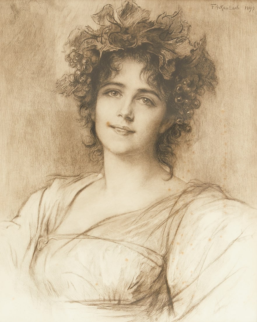 Friedrich August von Kaulbach: Friedrich August von Kaulbach 1850 Munich - 1920 Ohlstadt - Bacchante - (1897) Etching/paper. 50.3 x 40 cm (visible size), 70 x 60 cm (size with frame). Signed and dated in print upper right: F. Kaulb