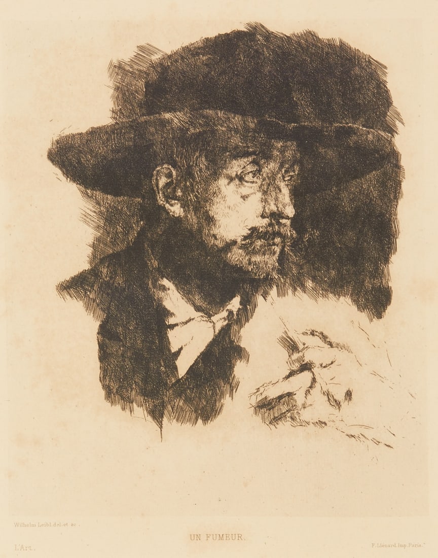 Wilhelm Leibl: Wilhelm Leibl 1844 Cologne - 1900 W??rzburg - "Un Fumeur" - Etching/paper. 23 x 19 cm, 23.5 x 19.5 cm (passe-partout opening). 48 x 40 cm (size with frame). Typographically inscribed at the bottom of 