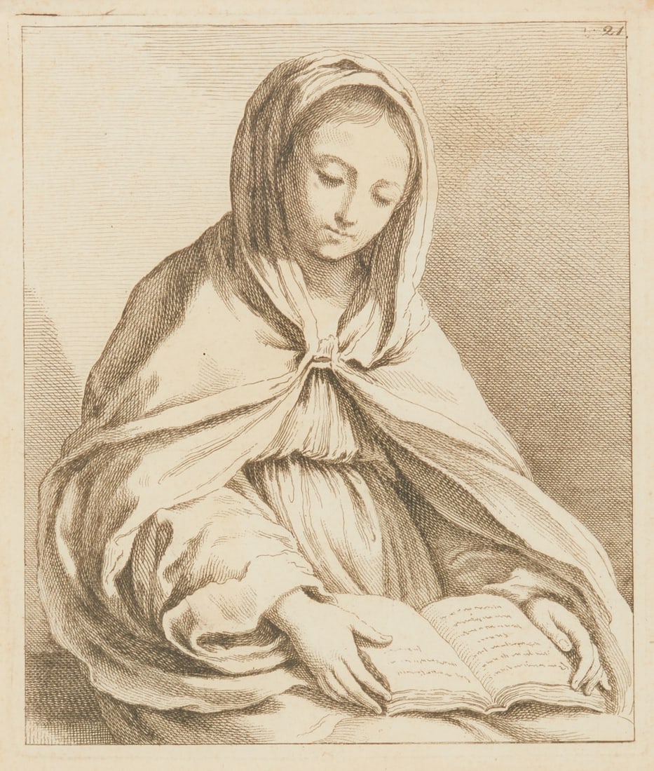 Ludovico Mattioli: Ludovico Mattioli 1662 Crevalcore - 1747 Bologna - Mary with Book - Copper engraving/paper. 20.3 x 17.3 cm (plate size), 42.5 x 32 cm (size with frame). Numbered on the plate upper right: 21.