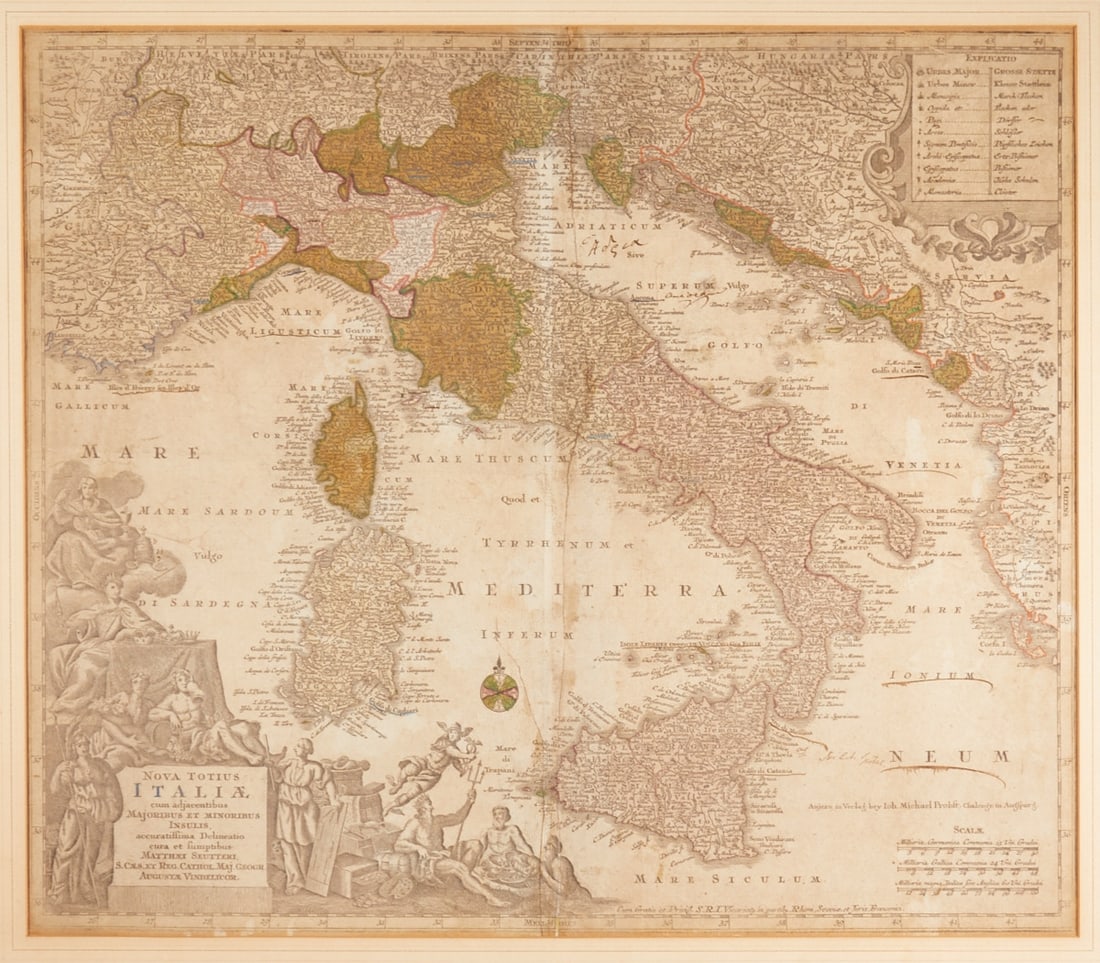 Matth?¤us Seutter: Matth?¤us Seutter 1678 Augsburg - 1757 Augsburg - "Nova Totius Italiae" - Colored copper engraving/paper. 49.5 x 57.2 cm (passe-partout opening), 66.3 x 72.7 cm (size with frame). Vertical central