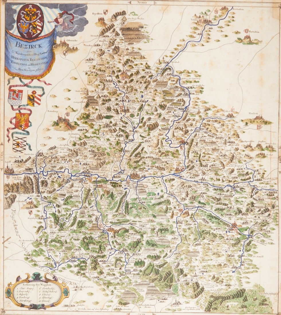 Matth?¤us Seutter: Matth?¤us Seutter 1678 Augsburg - 1757 Augsburg - "District of the Nuremberg Bailiwicks..." - Colored copper engraving/paper. 59.8 x 52.8 cm (passe-partout opening), 75.5 x 68.5 cm (size with