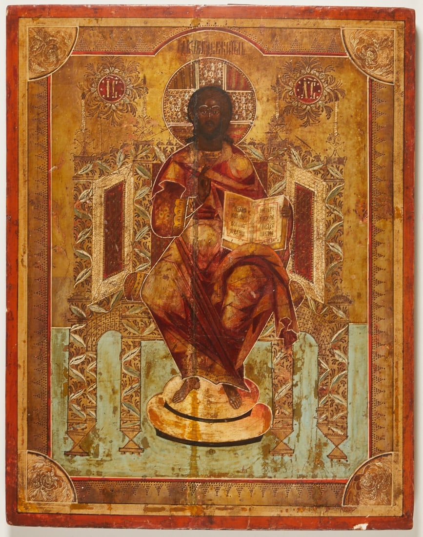 Icon: Icon Russia, 19th century. - Christ Pantocrator - Egg tempera on gold ground on wood, 48.5 cm x 38 cm. Verso two (missing) splines. Rubbed, restored, damaged, traces of age.