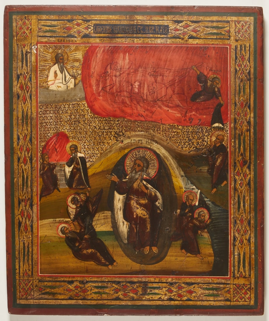 Icon: Icon Russia, 19th century. - Ascension of the Prophet Elijah - Egg tempera on gold ground on wood, 44.5 cm x 37 cm. A crossbar at the upper and lower edge each. Rubbed, restored, damaged, traces of