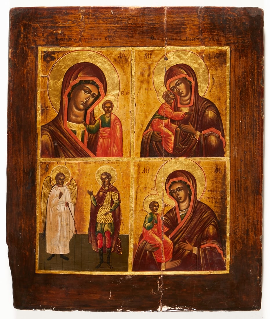 Icon: Icon Russia, 19th century. - Four-panel depiction of Mary - Tempera with gold on chalk ground on wood, 31 cm x 26 cm. Verso two (missing) Sponki, rubbed, restored, traces of age.
