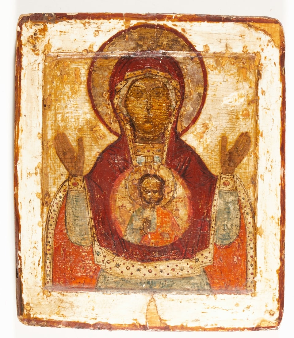 Icon: Icon Russia, 17th/18th century. -Mother of God - Tempera on chalk ground on wood, 30.5 cm x 25.5 cm. Verso two (missing) Sponki, rubbed, restored, damaged, traces of age.