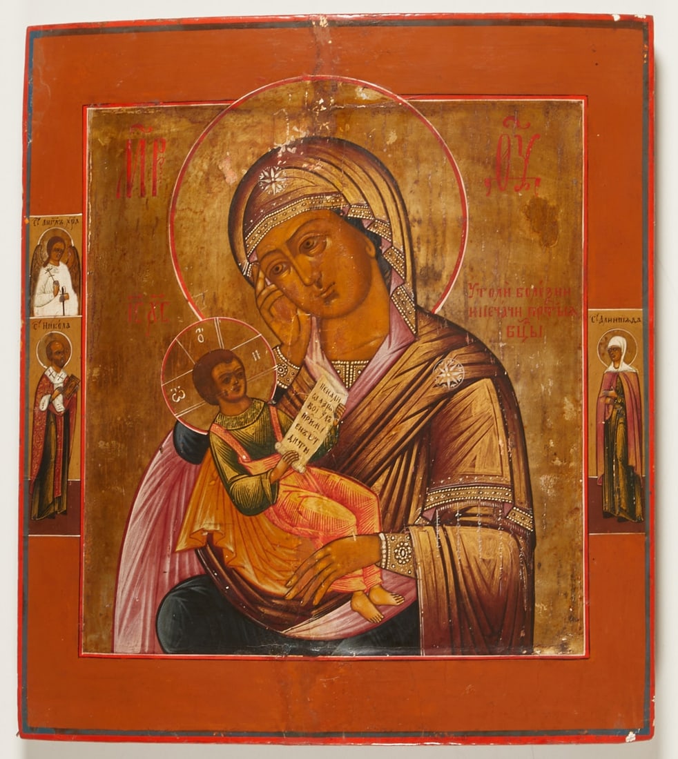 Icon: Icon Russia, 18th century. - Mother of God Vasiotissa - Egg tempera on chalk ground on wood, cm x cm. Verso two (missing Sponki). Rubbed, restored, damaged, traces of age.