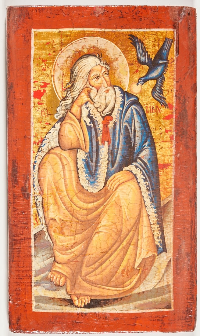 Icon: Icon Russia, late 19th century. -Nicholas of Myra- Tempera on chalk ground on wood, 38.5 x 22 cm. Craquelure, damaged, traces of age.