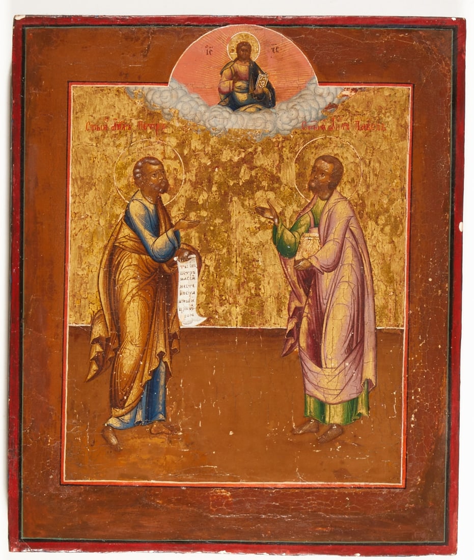 Icon: Icon Russia, 19th century. - Peter & Paul - Tempera with gold on chalk ground on wood, 32 cm x 26 cm. Rubbed, restored, traces of age.