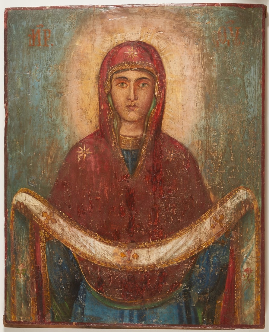Icon: Icon Russia, 19th century. - Cloak Madonna - Egg tempera on chalk ground, wood, 52.5 cm x 42.5 cm. A crossbar at the upper and lower edge each, damaged, restored, traces of age.