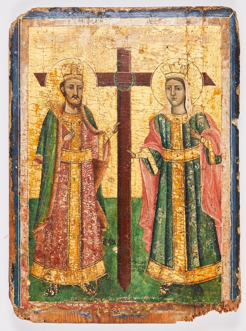 Icon: Icon Greece, 19th century. - Constantine and Helena - Tempera/wood. 45.5 x 62.5 cm. The saints standing in richly ornamented robes with imperial crowns, flanking the rediscovered Cross of Christ.