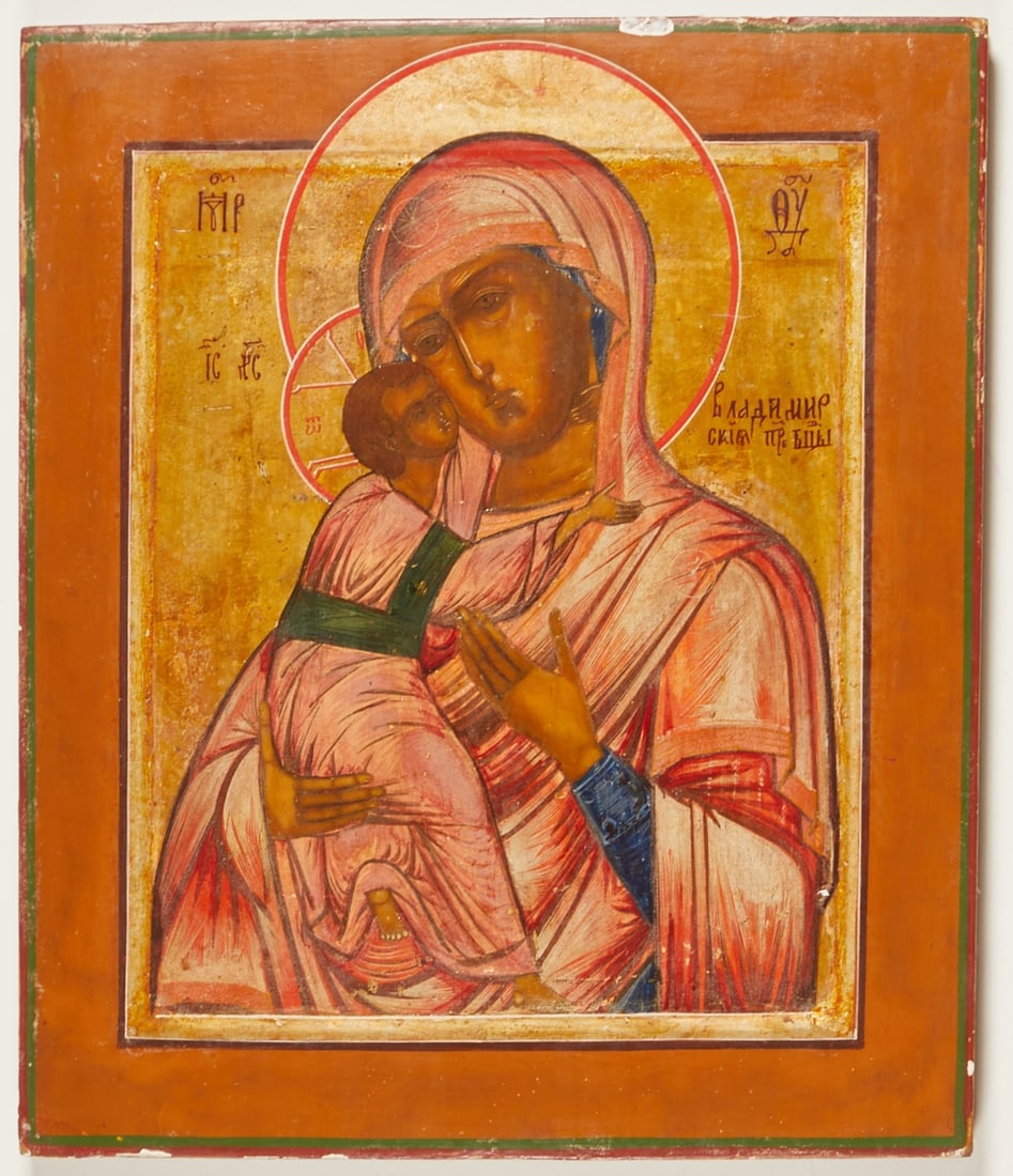 Icon: Icon Russia, 19th century. - Mother of God of Vladimir - Egg tempera on chalk ground, wood, 40.5 cm x 34.5 cm. At the upper and lower edge one cross brace each, chipped, rubbed, traces of age.