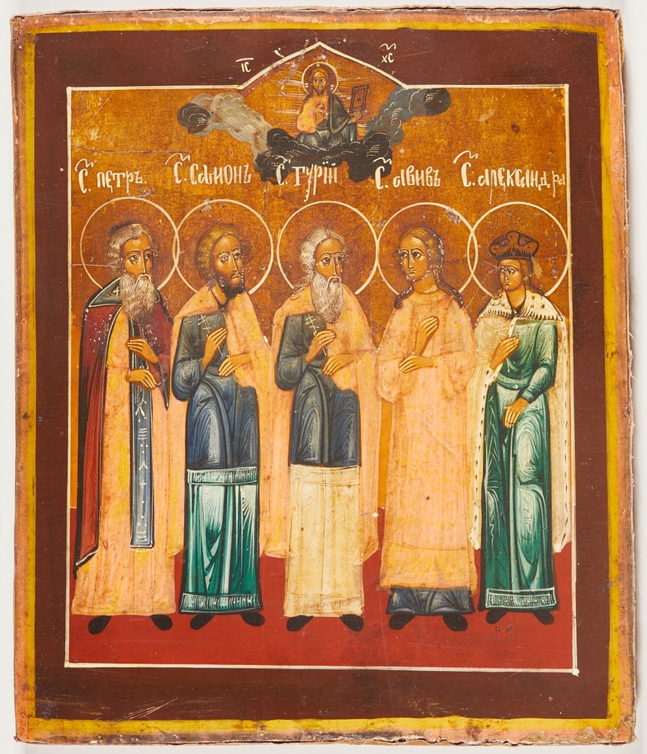 Icon: Icon Russia, 19th century. - Saint Peter with Sts. Gurias, Samonas and Abibus and St. Roman Alexandra - Tempera with gold on chalk ground on wood, 34.3 cm x 29 cm. Reverse covered with velvet.