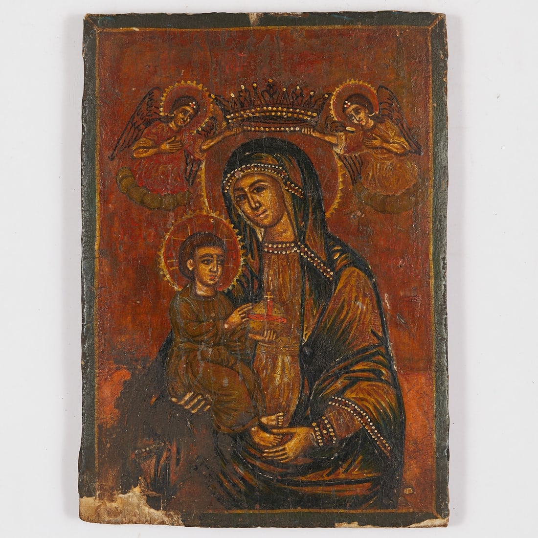 Icon: Icon Russia, probably 19th century. - "Mother of God with the Christ Child" - Tempera/wood. 27 x 20 cm. Depiction of the enthroned Mother of God with the Christ Child, surmounted by two