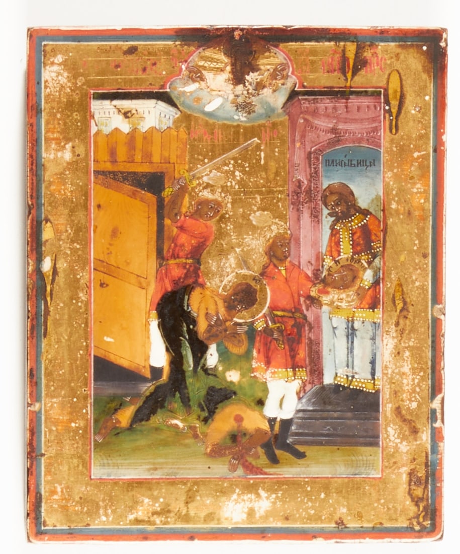 Icon: Icon Russia, 19th century. - Beheading of John - Tempera on gold ground on chalk ground on wood, 17.5 cm x 14.5 cm x 3.5 cm. Verso partly worm-eaten, rubbed, damaged, burn marks.