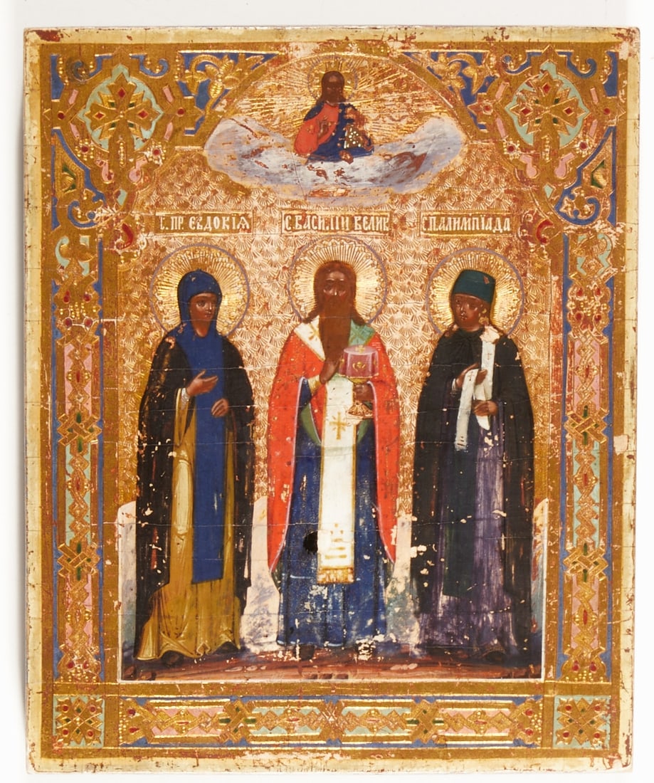 Icon: Icon Russia, 19th century. - Eudokia of Heliopolis, Basil the Great and Olympias of Constantinople - Tempera with gold on chalk ground on wood, 27 x 22 cm. Rubbed, restored, signs of age.