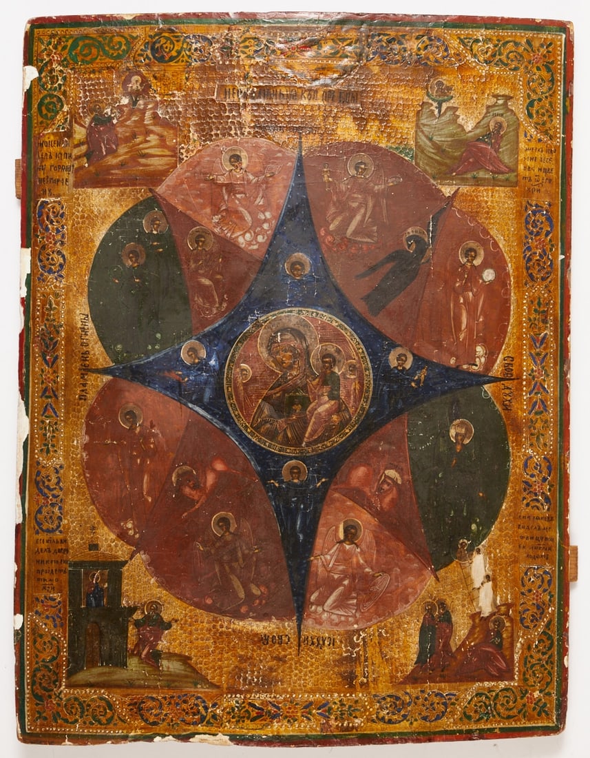 Large Icon: Large Icon Russia, 18th century. -Mother of God of the "Burning Bush" (Neopalimaya Kupina)- Egg tempera on gold ground, on chalk ground, wood. 51 × 67 cm. Icon with the multi-layered d