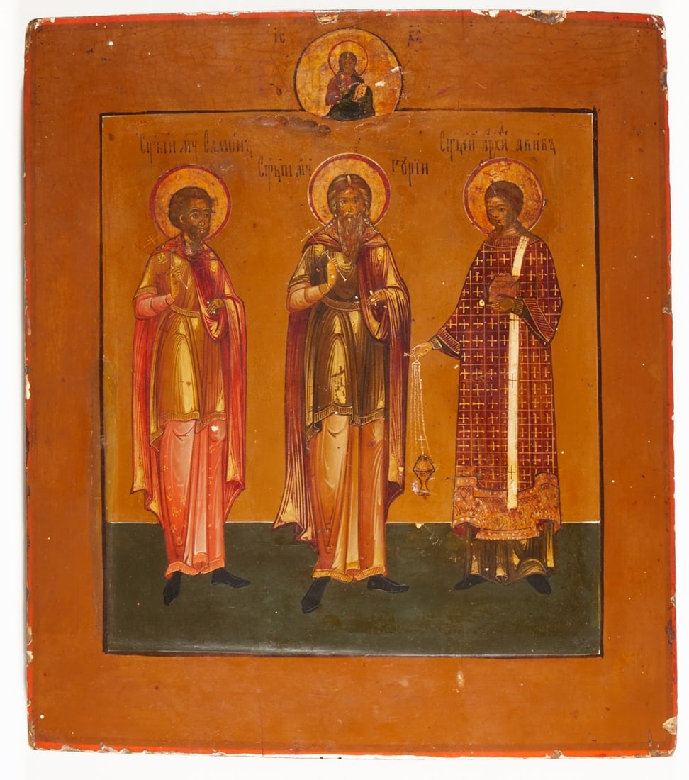 Icon: Icon Russia, circa 18th century. - Sts. Samon, Guriy, and Aviv - Tempera on chalk ground on wood, approx. 35.5 x 30.5 cm. Verso two (missing) splines, damaged, traces of age.