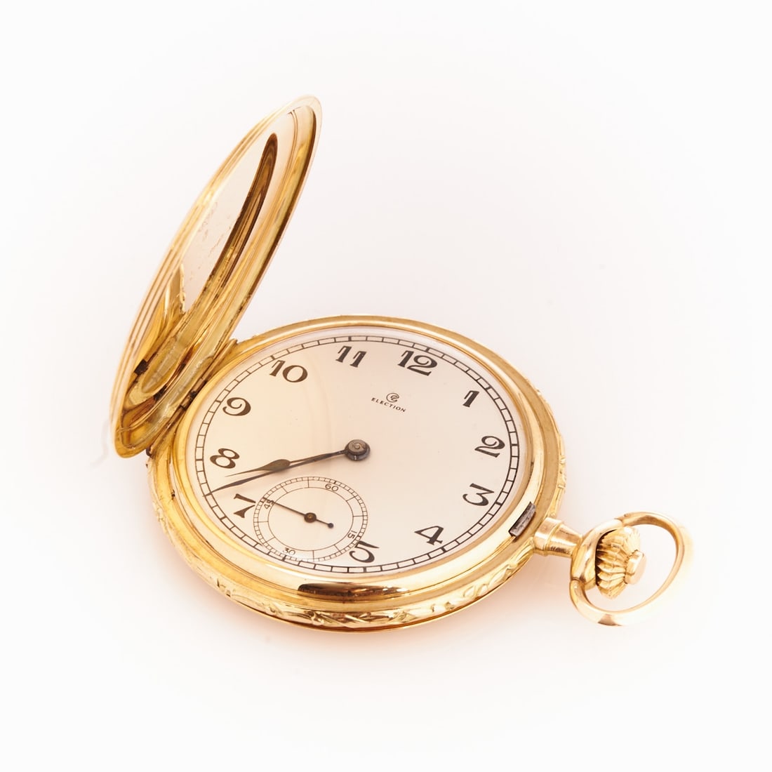 Savonette: Savonette Model: ELECTION. 585/- yellow gold, hallmarked. Total weight: 69.8 g. Three-cover gold. Dial marked: ELECTION. Numbered in covers: 1105413. Case-D.: 5 cm. Functional. Very good condition.