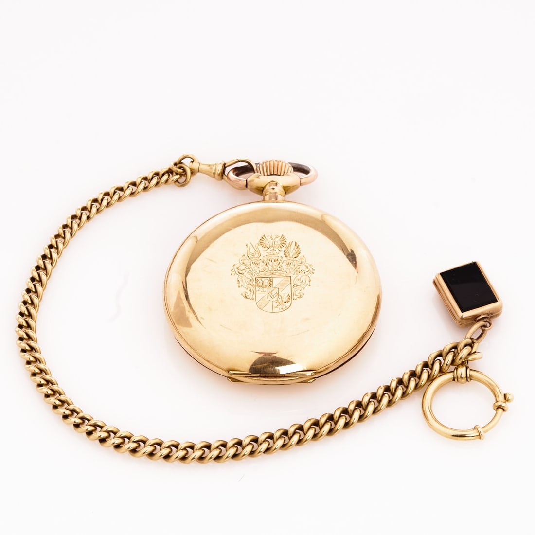 L.U.C./Chopard Savonnette with watch chain, probably with coat of arms of the Duchy of Ratibor: L.U.C./Chopard Savonnette with watch chain, probably with coat of arms of the Duchy of Ratibor Chopard company, Genève Switzerland. 1920s. 585/- rose gold, hallmarked. Weight (watch): 108.3 g.