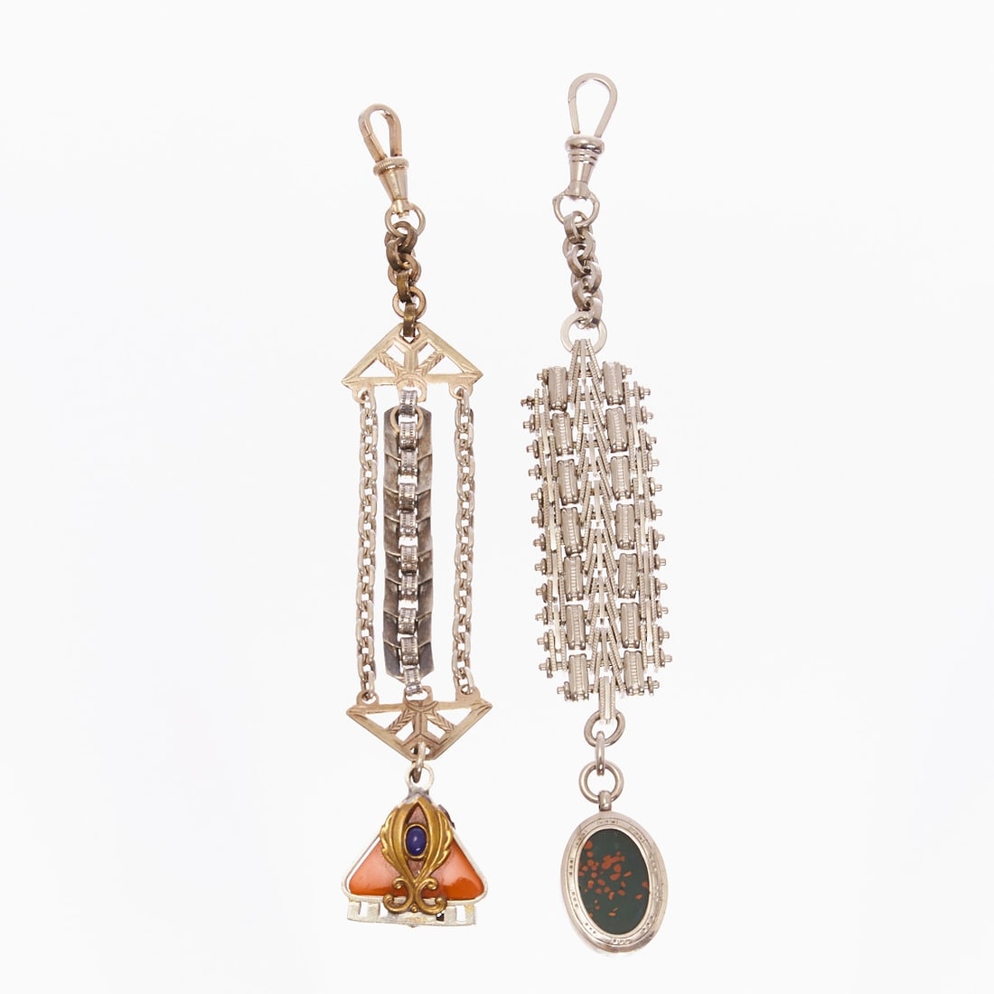 Two Watch Chains with Jasper: Two Watch Chains with Jasper Metal, probably silver-plated, partly gilded. Weight: 47 g. L. 15 cm / 14.5 cm. W. approx. 2 cm / 2.5 cm. One chain with an oval-shaped jasper, 1.7 × 2.3 cm. The