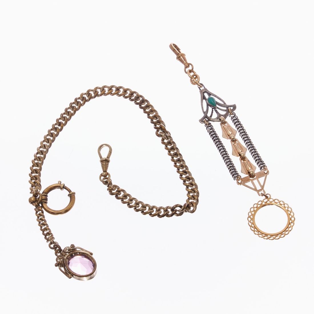 Two watch chains with amethyst and chrysoprase: Two watch chains with amethyst and chrysoprase Probably metal, silver-plated and partially gold-plated. Weight: 59 g. L. 32 cm and 15.7 cm. With hallmark. One chain with an oval amethyst, 1.7 ×