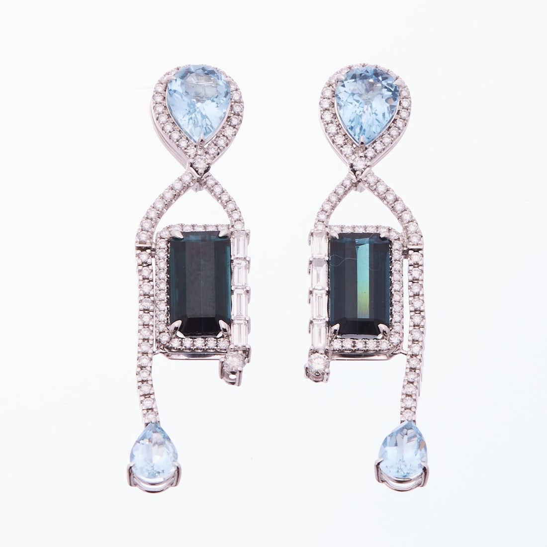 Pair of drop earrings with tourmalines, aquamarines and diamonds: Pair of drop earrings with tourmalines, aquamarines and diamonds Platinum. Total weight: 26.28 g. Various rectangular-cut tourmalines totaling approx. 10.76 ct. 4 drop-cut aquamarines totaling