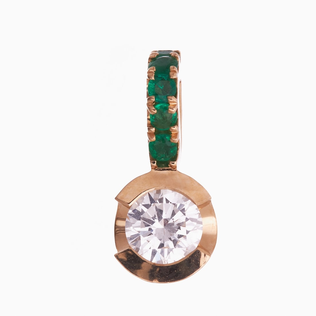 Brilliant Pendant with Emeralds: Brilliant Pendant with Emeralds 750/- yellow gold, hallmarked. Weight 2.0 g. Centrally set brilliant of 0.50 ct (G/Si1), dimensions 5.05-5.09 × 3.10 mm, above it five round faceted emeralds