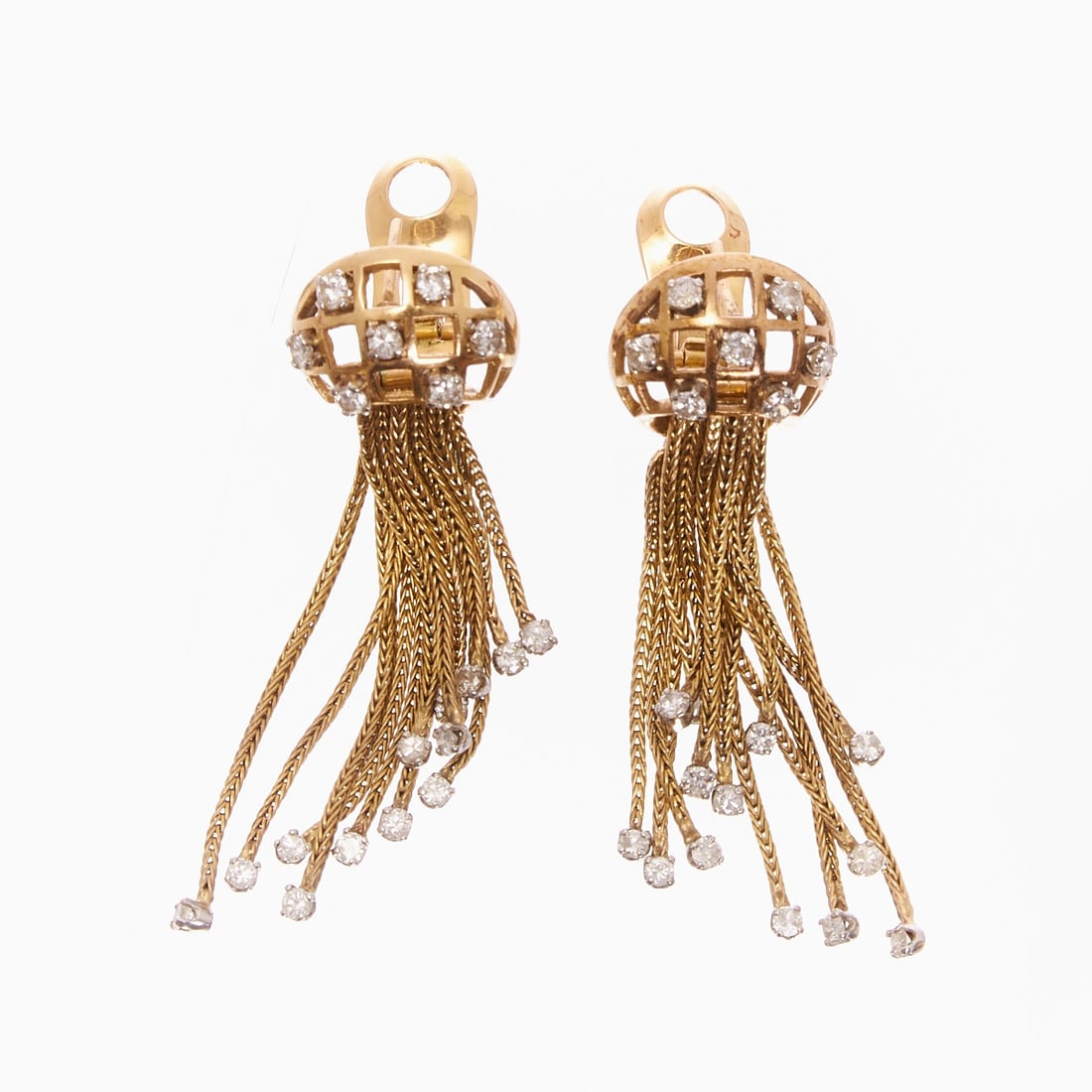 Pair of Movable Brilliant Drop Earrings: Pair of Movable Brilliant Drop Earrings Probably 1960s. 750/- yellow and white gold, unmarked, tested. Total weight: 19.5 g. Approx. 40 brilliants totaling approx. 2 ct (w-tcr/si-p). Stud with clip