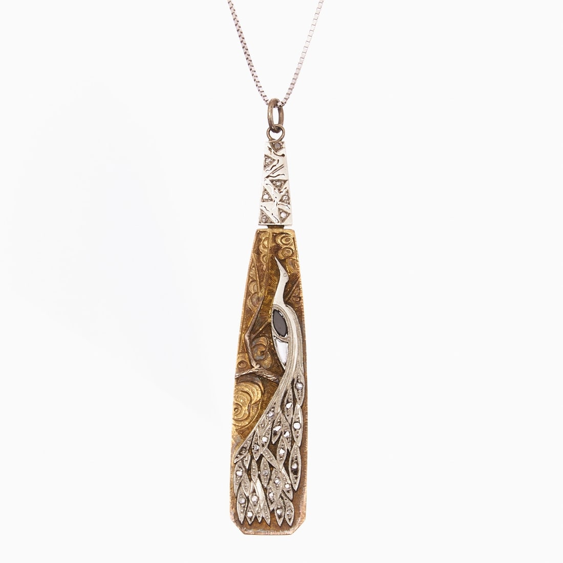Art Deco Pendant with Peacock Motif Circa 1915.: Art Deco pendant with peacock motif, circa 1915. 585/- yellow gold, unstamped, tested, partially platinum-plated. Total weight: 11.3 g. Small rose-cut diamonds. One oval sapphire (probably). Marked