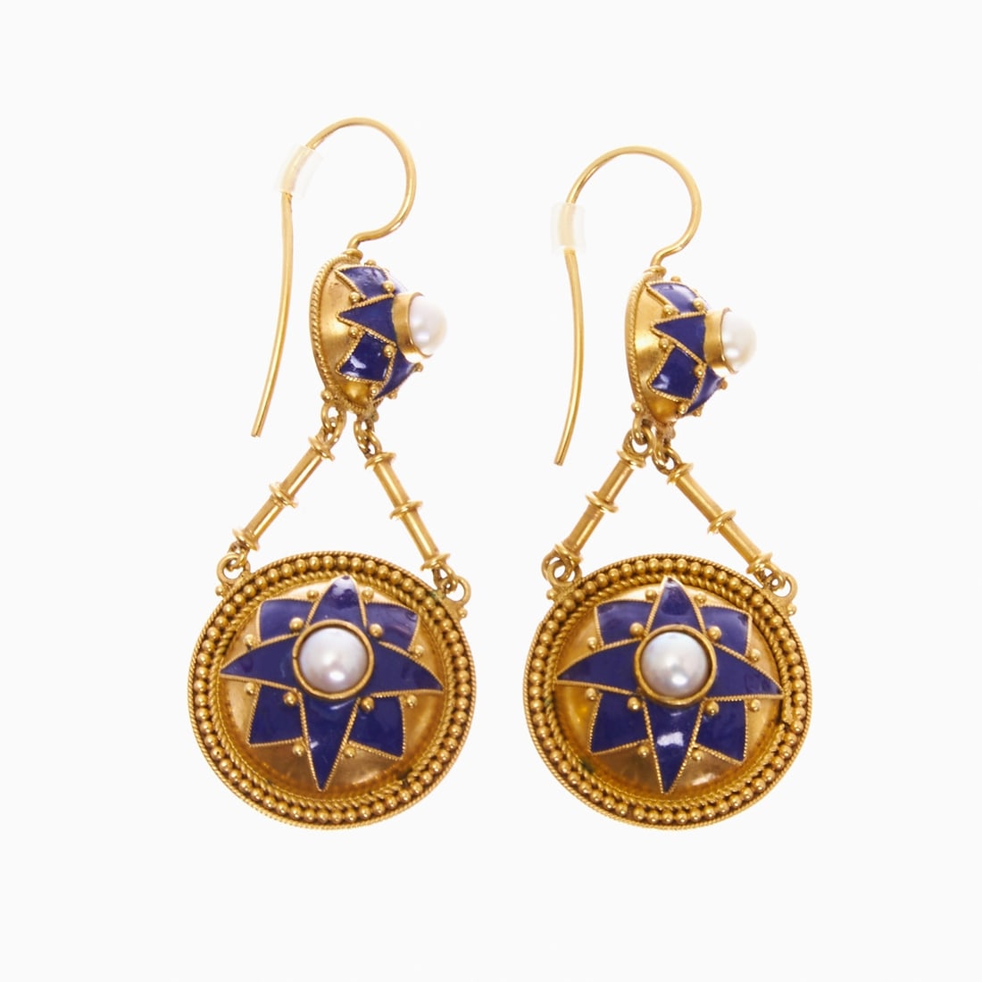 Pair of Historicist Enamel and Pearl Earrings Probably England, 2nd half of 19th century, circa: Pair of historicist enamel and pearl earrings Probably England, 2nd half of 19th century, circa 1880. 585/- yellow gold (15 ct.), stamped. Total weight: 10.7 g. Polychrome enamel in intense blue. Set 