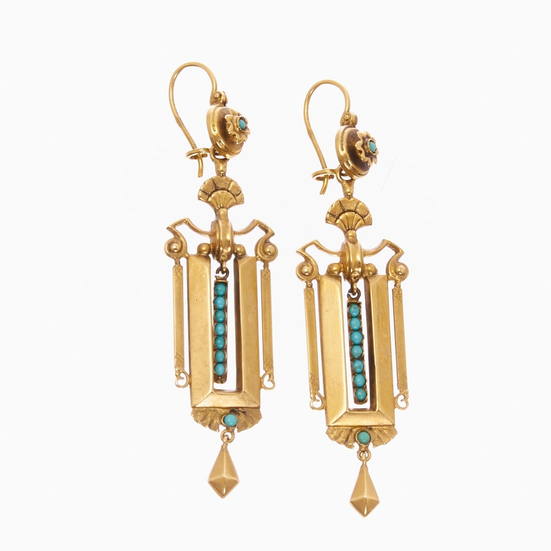 Pair of Historical Turquoise Earrings: Pair of historical turquoise earrings Probably 2nd half of 19th century. 625/- yellow gold, stamped with 15 ct. Total weight: 8 g. Set with numerous small turquoises. Hook fastener. L. 6.8 cm. W. 1.7