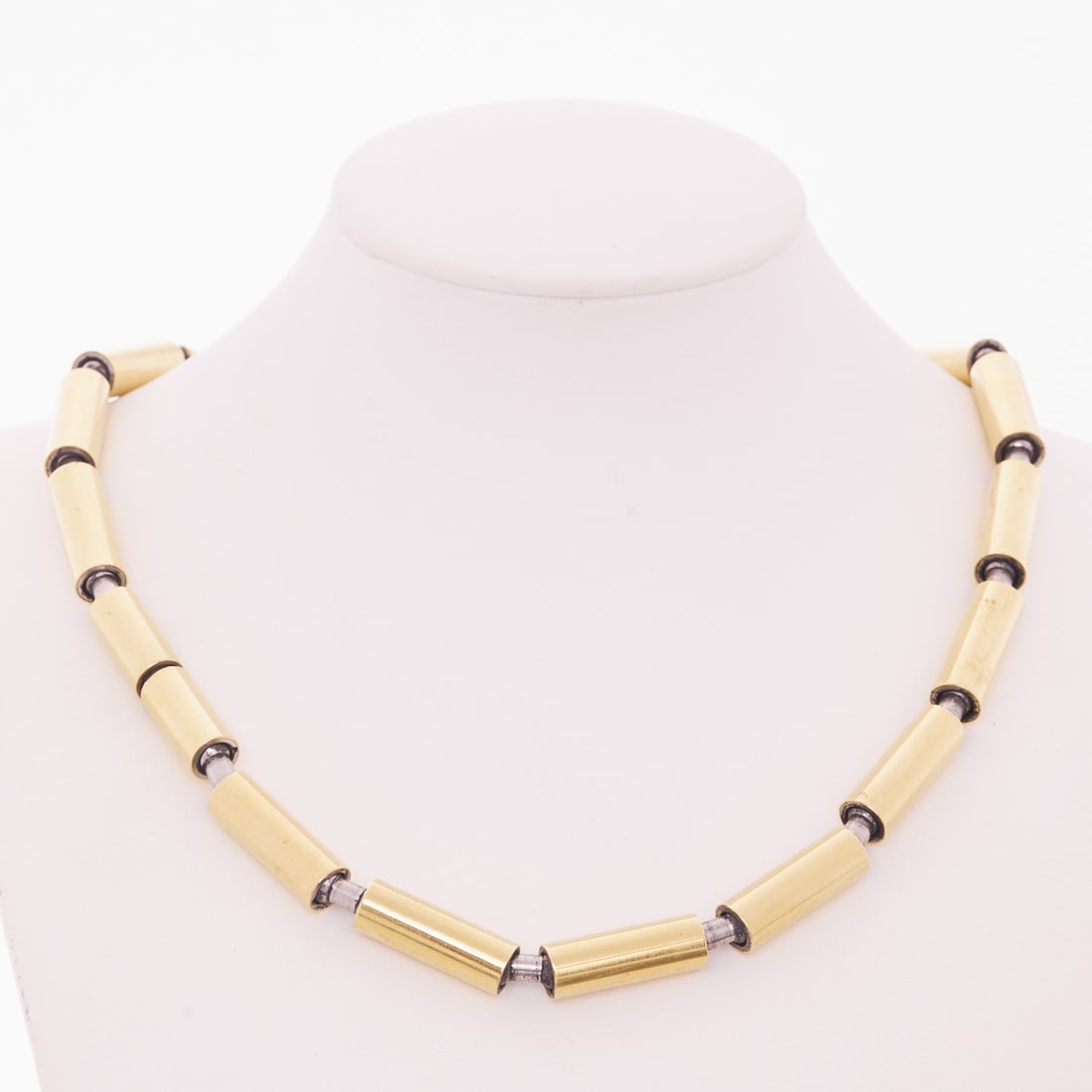 Modern Steel-Gold Necklace: Modern Steel-Gold Necklace Design: Carl Dau (born 1942 Thorn). Stainless steel and gold. Total weight: 90.6 g. L. 44.5 cm. W. 7 cm. Push clasp. Very good condition. Carl Dau is one of the most importa