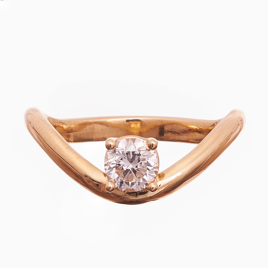 Curved Brilliant Solitaire Ring: Curved Brilliant Solitaire Ring 750/- yellow gold, stamped. Weight 4.2 g. Centrally set brilliant of 0.50 ct (G/Si1), dimensions 4.90-4.94 × 3.18 mm, in classic solitaire setting. Ring size 55. 