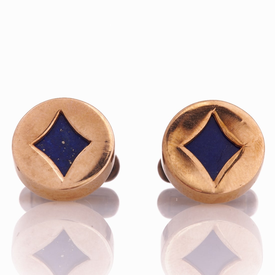 Pair of Lapis Lazuli Cufflinks: Pair of lapis lazuli cufflinks 375/- rose gold and 925/- silver, stamped. Total weight: 12.5 g. 2 lapis lazuli. D. 1.5 cm. Very good condition.