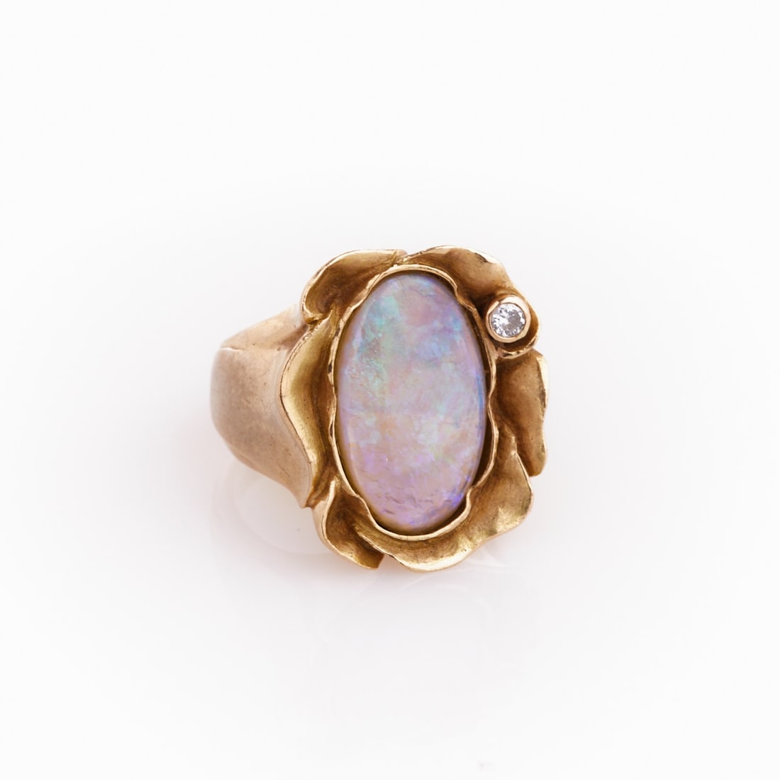Unique Opal Ring with Brilliant: Unique opal ring with brilliant Goldsmith Johanna-Irene Stiefel, Celle. 1990s. 750/- yellow gold, stamped. Total weight 28.9 g. Hallmark: Manufacturer's stamp jis, 750. 1 brilliant approx. 10 ct. 1 ov