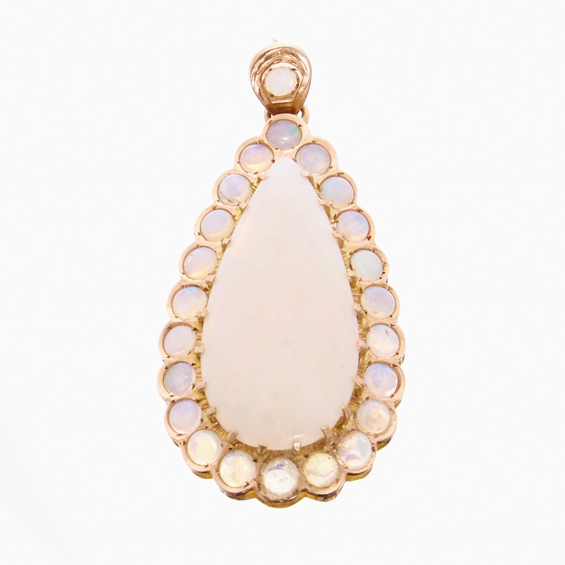 Teardrop-shaped Pendant with Opals: Teardrop-shaped pendant with opals 585/- rose gold, unstamped, tested. Weight 5.8 g. Large teardrop-shaped noble opal cabochon with lively play of color (approx. 2.8 x 1.6 x 0.3 cm), surrounded by