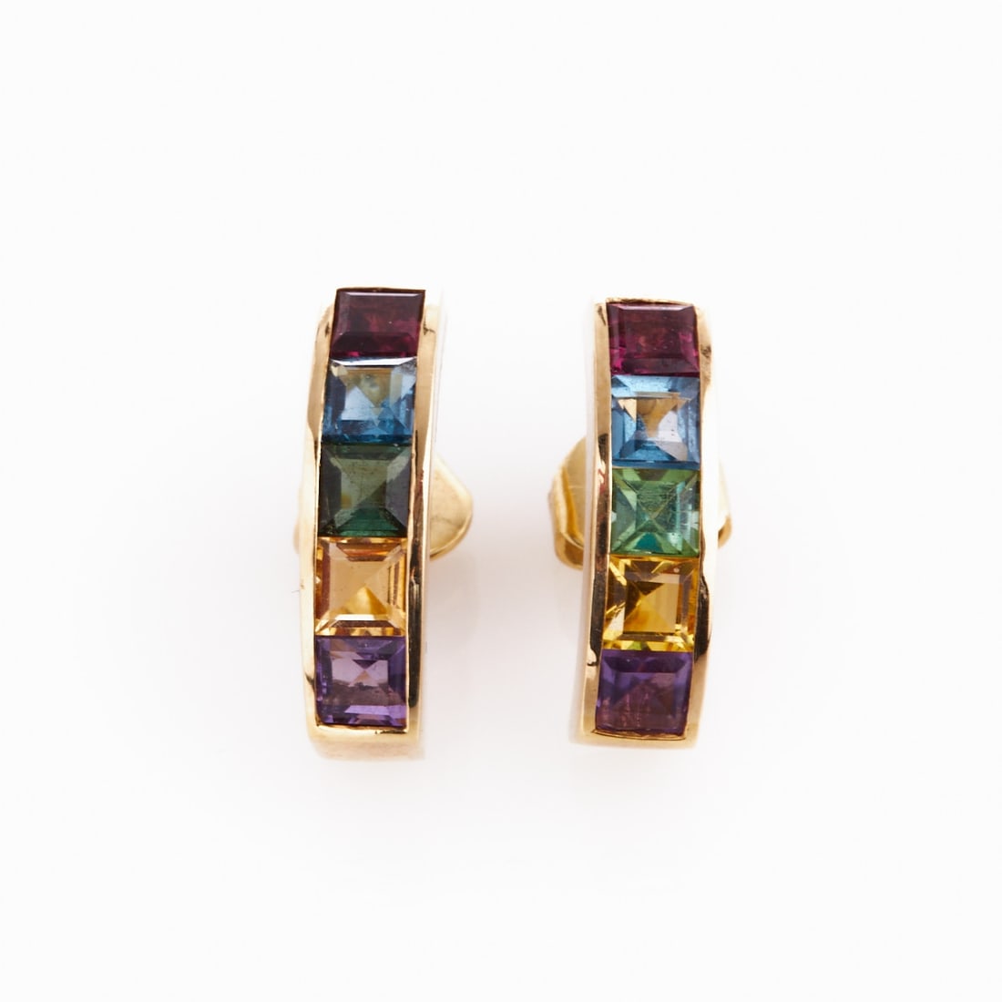 Pair of Multicolor Gemstone Earrings: Gemstone earrings 750/- yellow gold, stamped. Weight: 6.9 g. Brazilian colored stones (topazes, tourmalines, amethysts, citrines) totaling approx. 4.5 ct. L. 1.9 cm. W. 0.52 cm. Studs. Very good