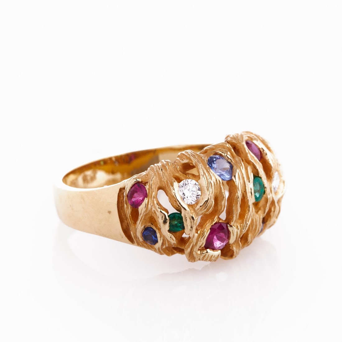 Tutti Frutti Ring: Tutti Frutti Ring Atelier Goldbaur, design and production. Handmade. 750/- yellow gold, stamped. Weight: 12.1 g. Hallmark: RB Palme (Goldbaur). 2 brilliant-cut diamonds totaling approx. 0.19 ct