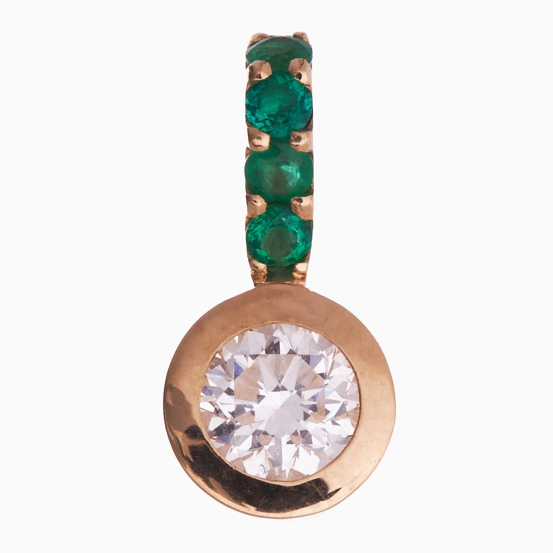 Brilliant-cut Diamond Pendant with Emeralds: Brilliant-cut Diamond Pendant with Emeralds750/- yellow gold, stamped. Weight 2.0 g. Centrally set brilliant-cut diamond of 0.50 ct (G/Si1), dimensions 4.86-4.92 × 3.19 mm, above it five round